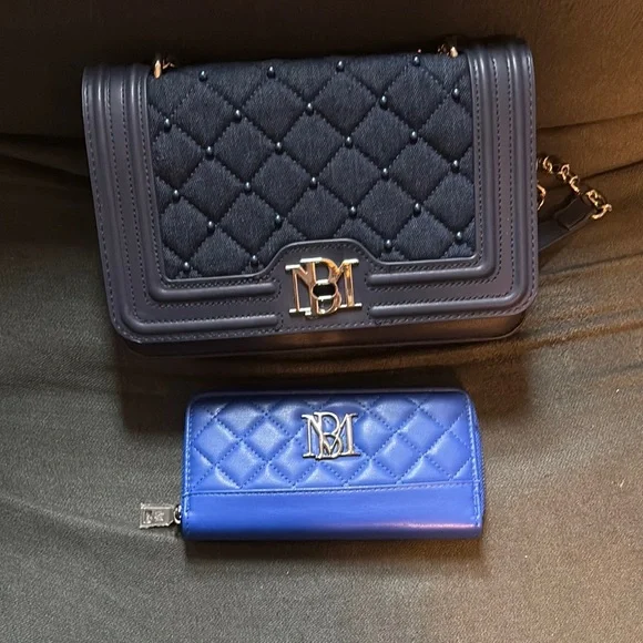 Elegant denim Blue Quilted Bag Set Bradley mischka bundle - Picture 1 of 11